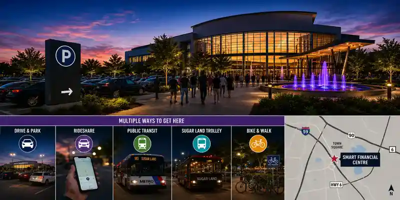 Large parking areas, rideshare drop-off zones, shuttle transportation, and visitors arriving at Smart Financial Centre in Sugar Land during an evening event with illuminated venue architecture and organized pedestrian walkways.